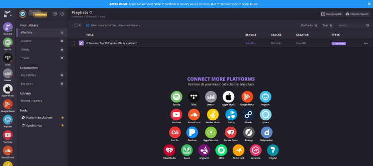 Interfaz de usuario de la aplicación web Soundiiz