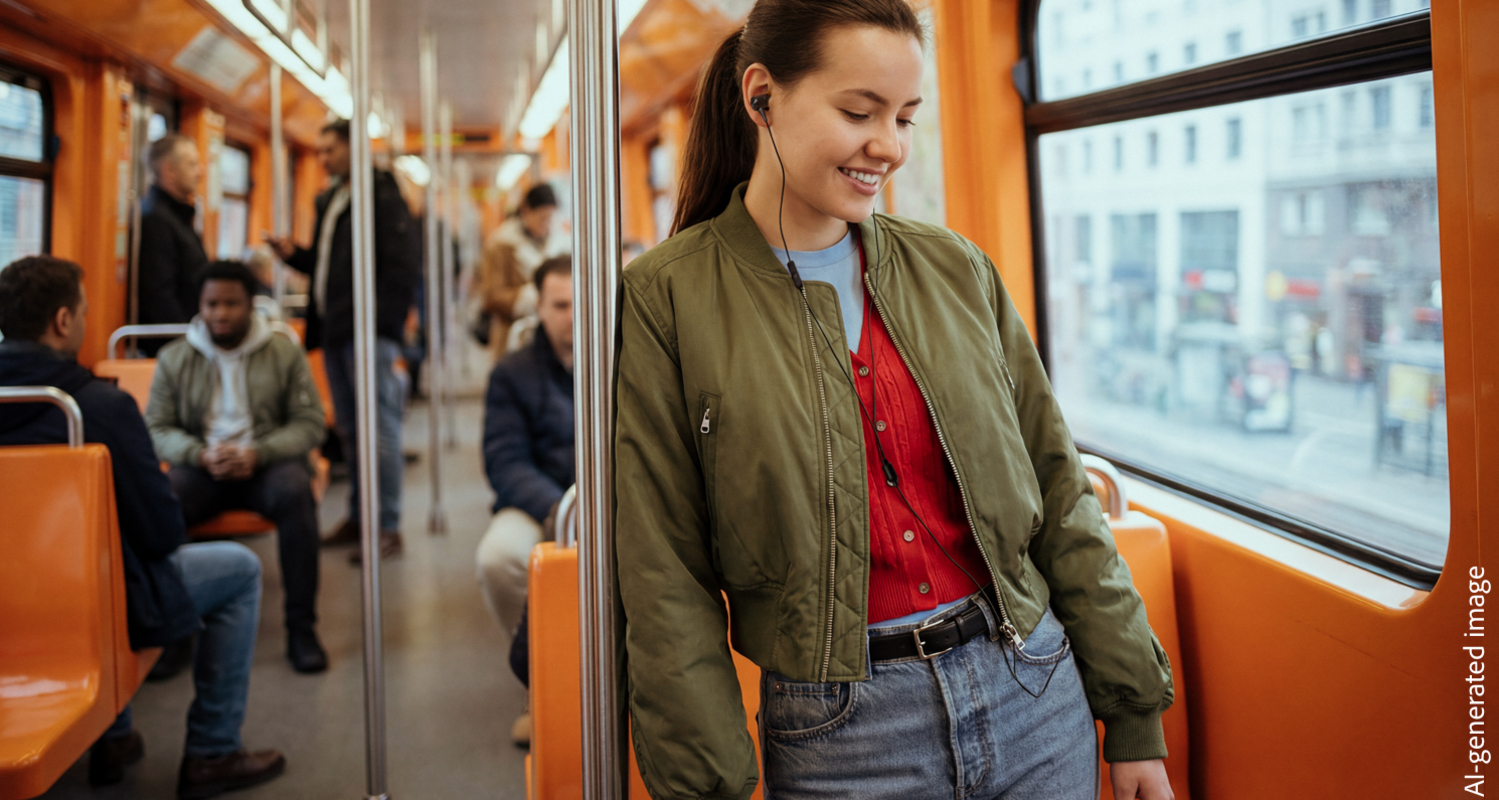 Frau fährt in der U-Bahn mit Kopfhörern